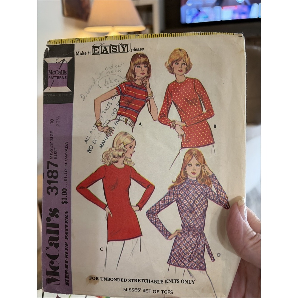 Vintage 1972 McCalls 3187 Sewing Pattern Misses Tops Set Size 10 Cut Complete